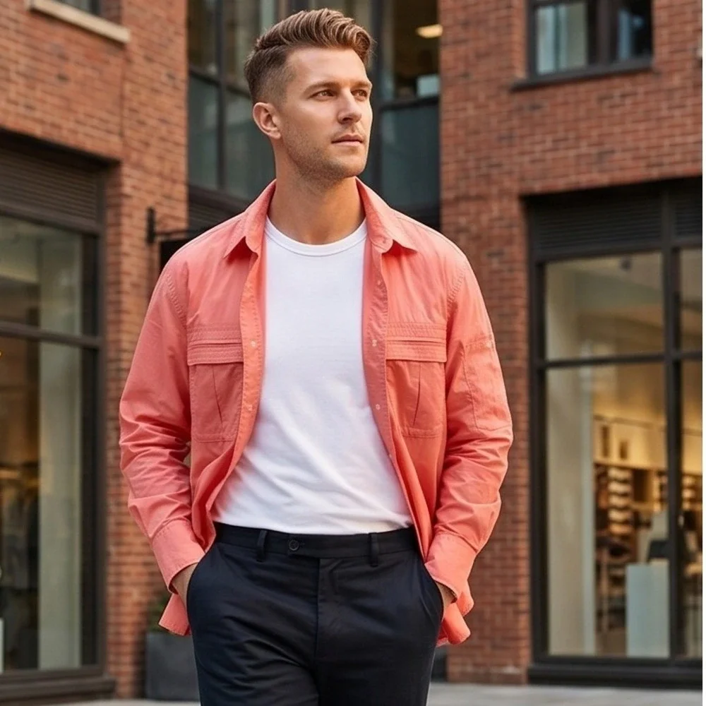 Banana Republic S BR Sport Men Nylon Utility‎ Shirt Coral Pink Small NWT RV $95